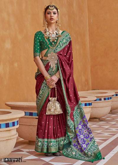 Dark Brown Silk Saree with Patola Print