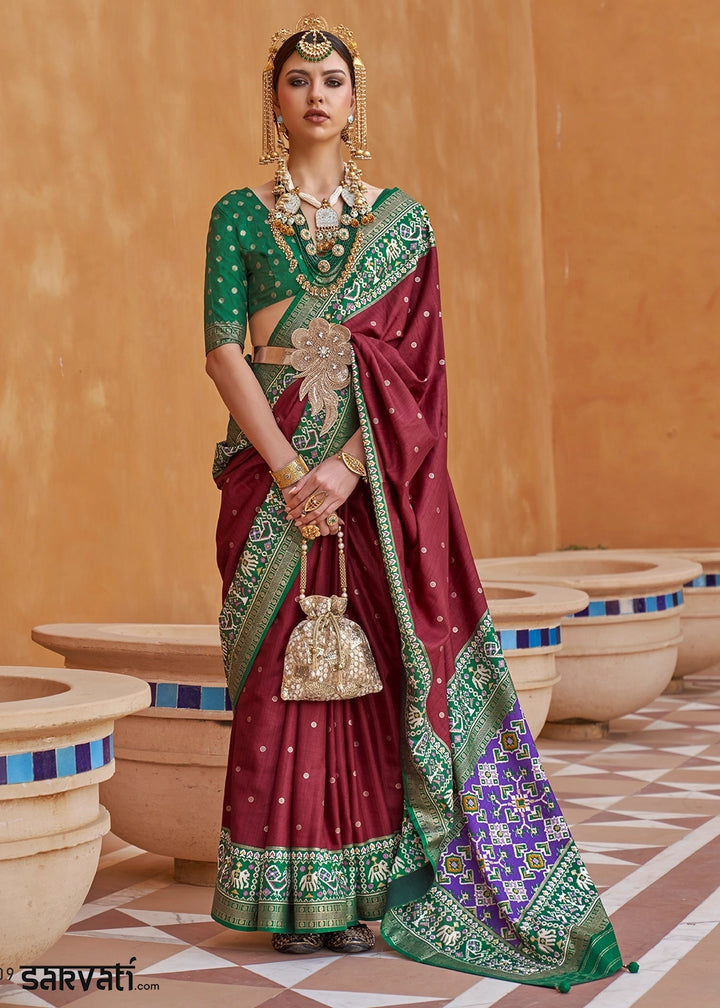 Dark Brown Silk Saree with Patola Print