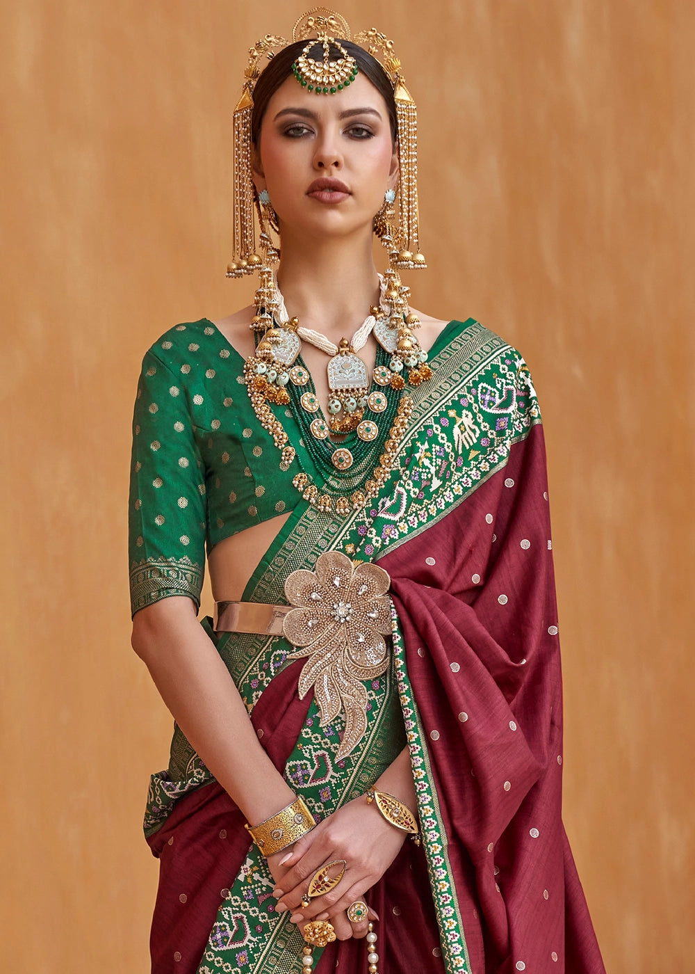 Dark Brown Silk Saree with Patola Print