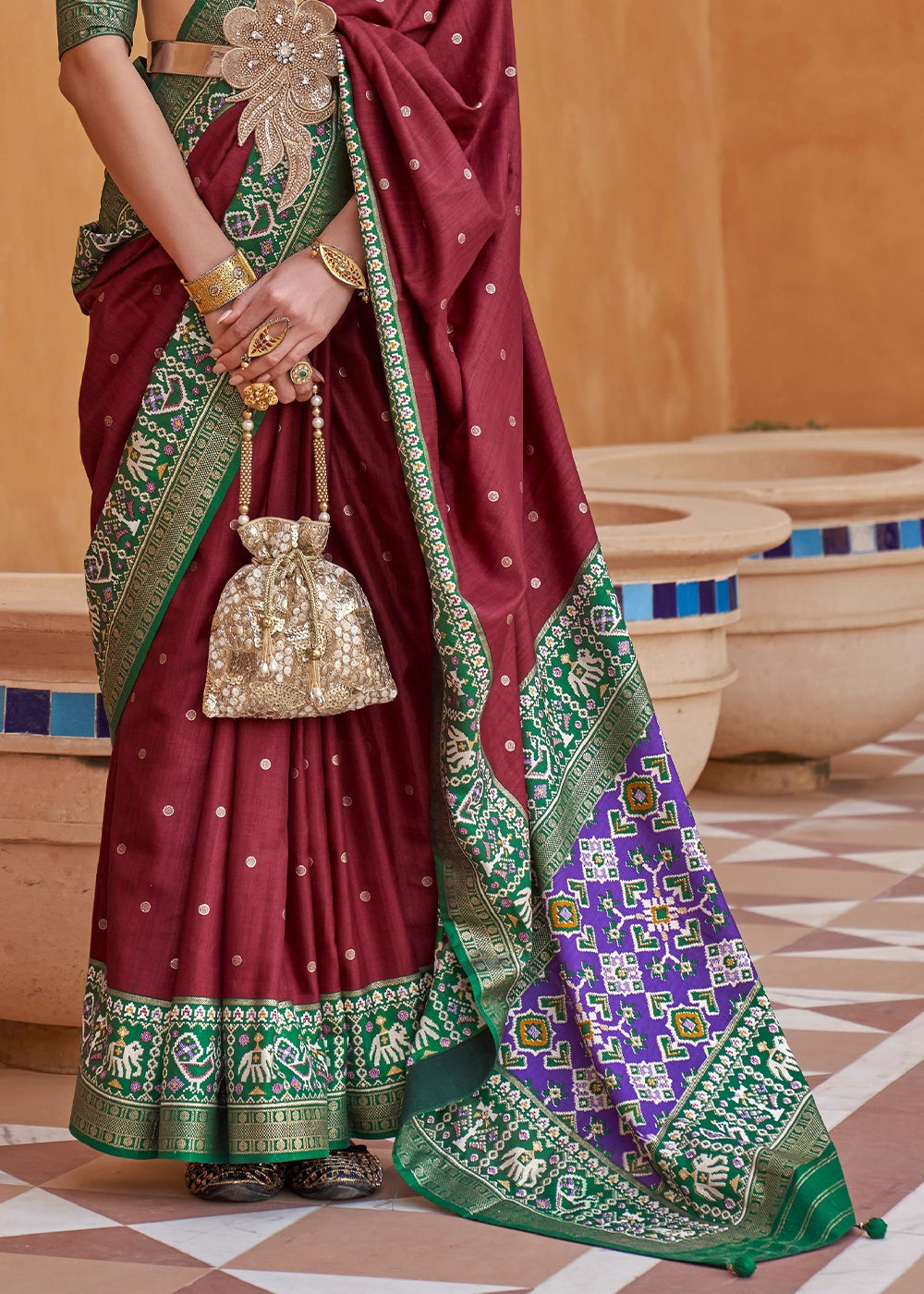 Dark Brown Silk Saree with Patola Print