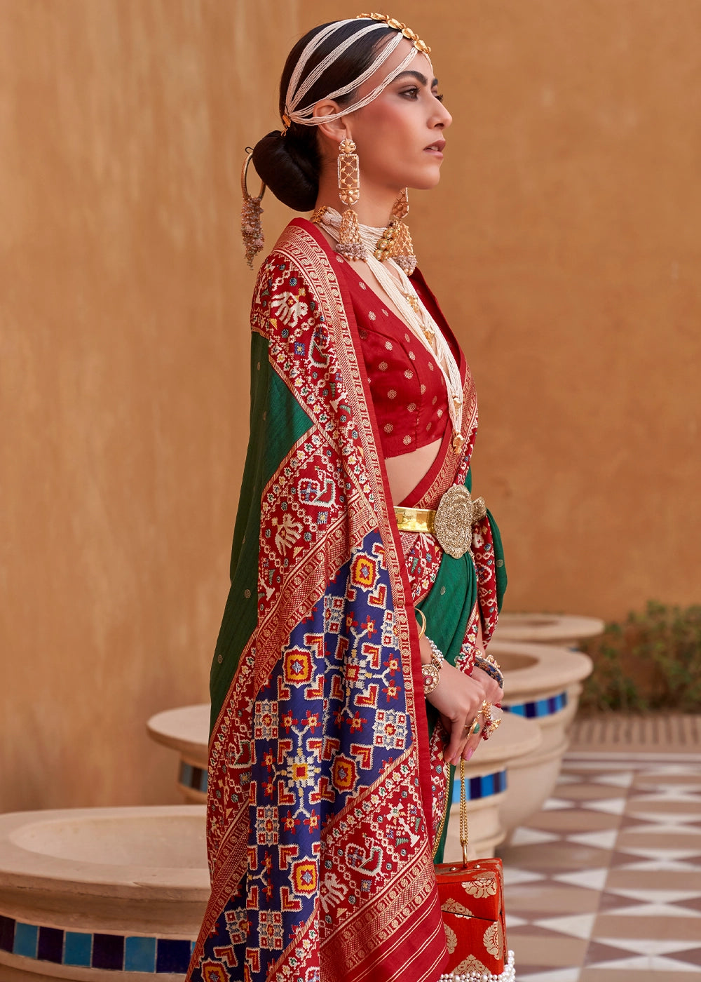 Forest Green Silk Saree with Patola Print