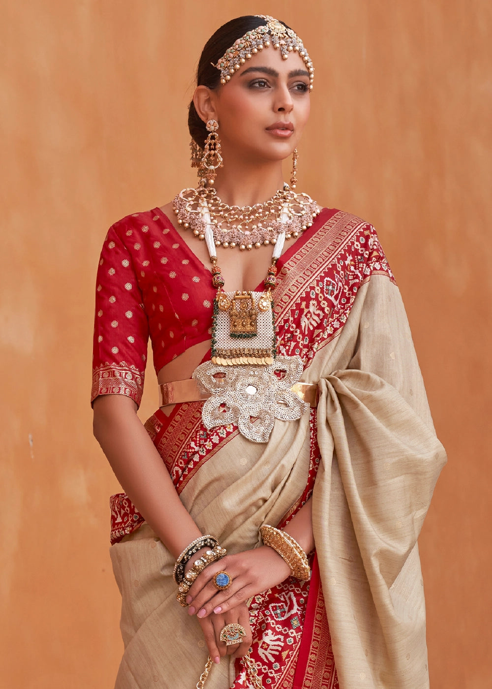 Beige Brown Silk Saree with Patola Print