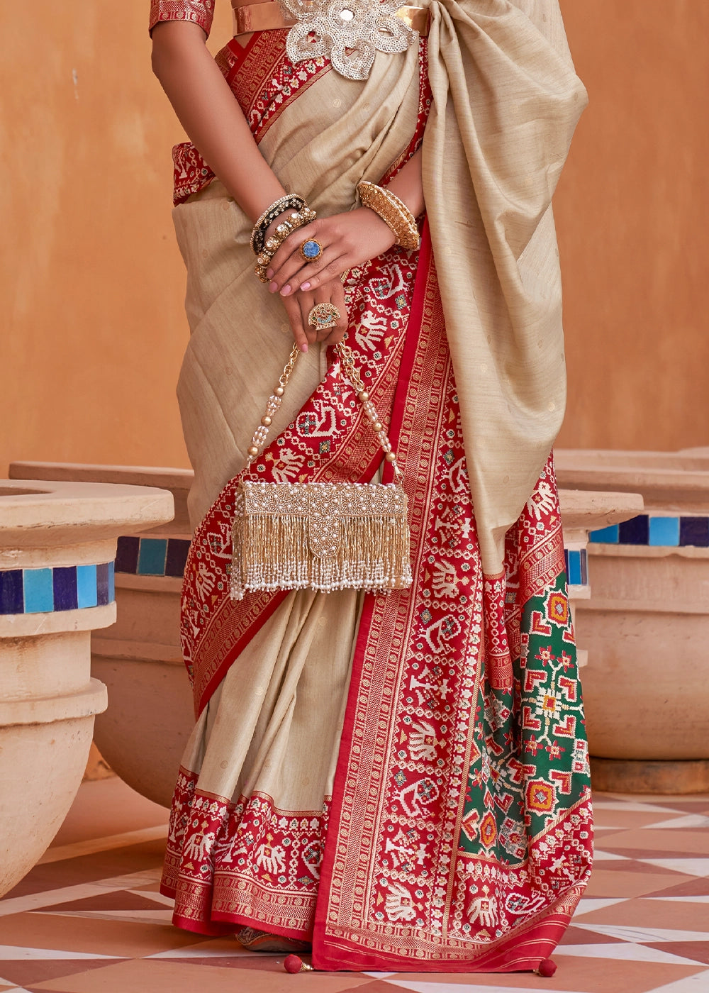 Beige Brown Silk Saree with Patola Print