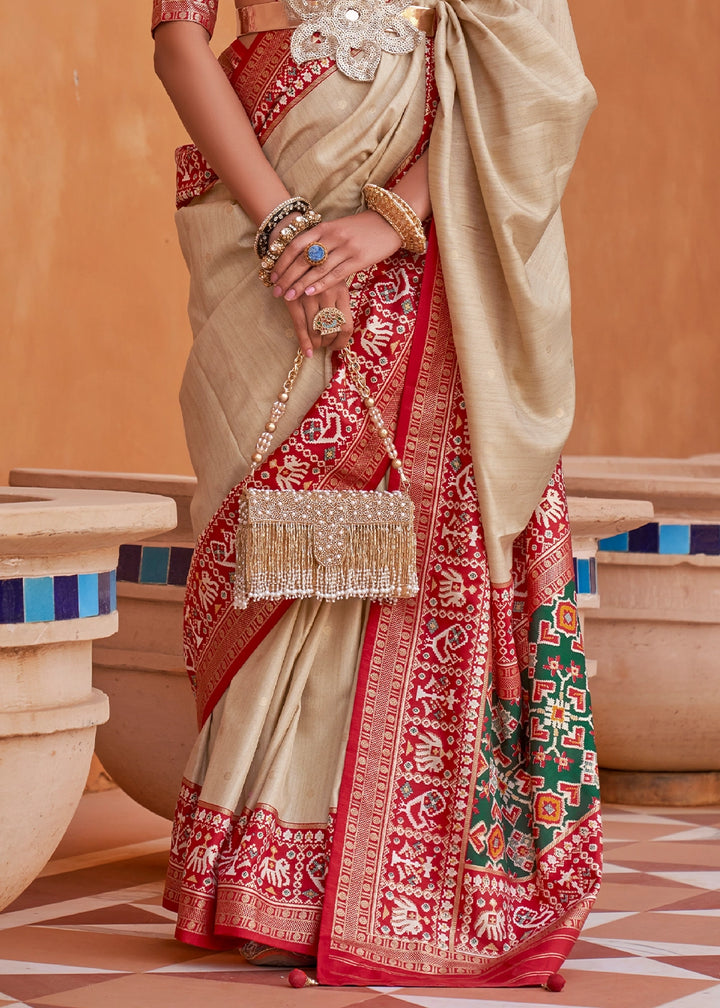 Beige Brown Silk Saree with Patola Print