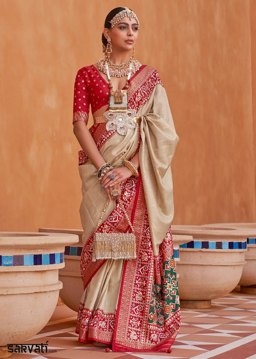 Beige Brown Silk Saree with Patola Print