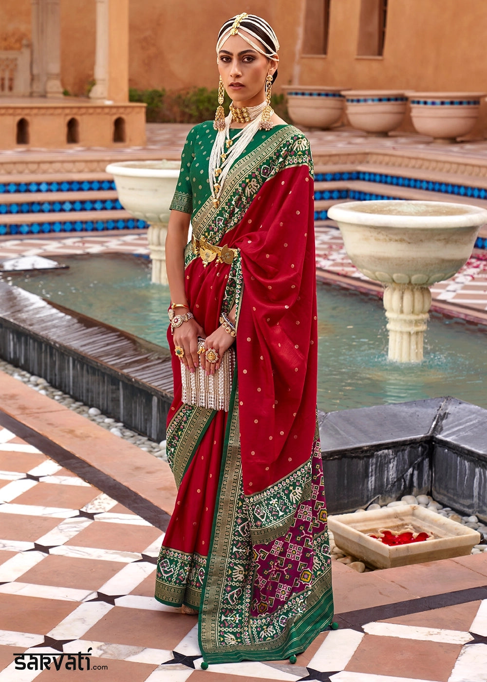 Scarlet Red Silk Saree with Patola Print