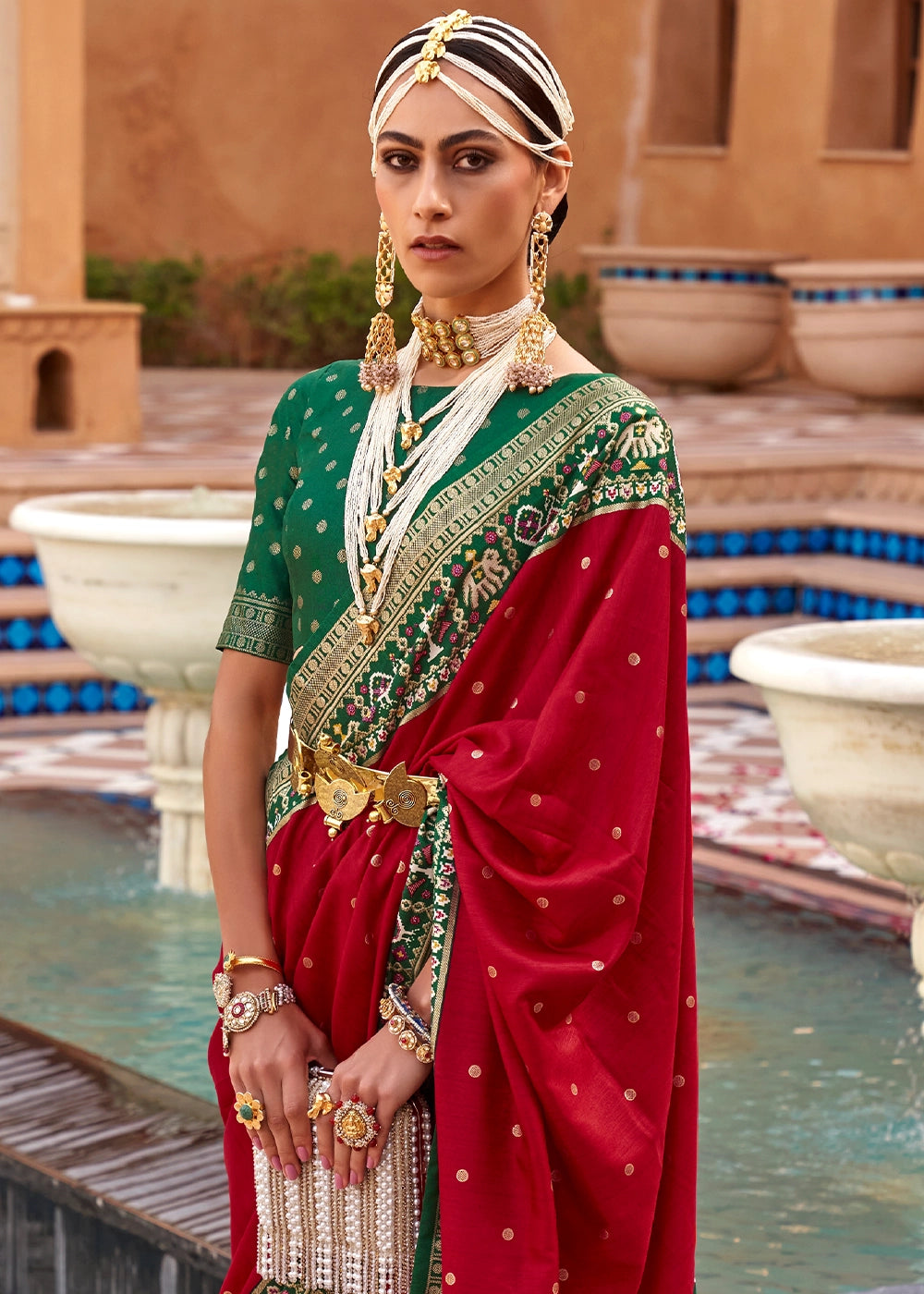 Scarlet Red Silk Saree with Patola Print
