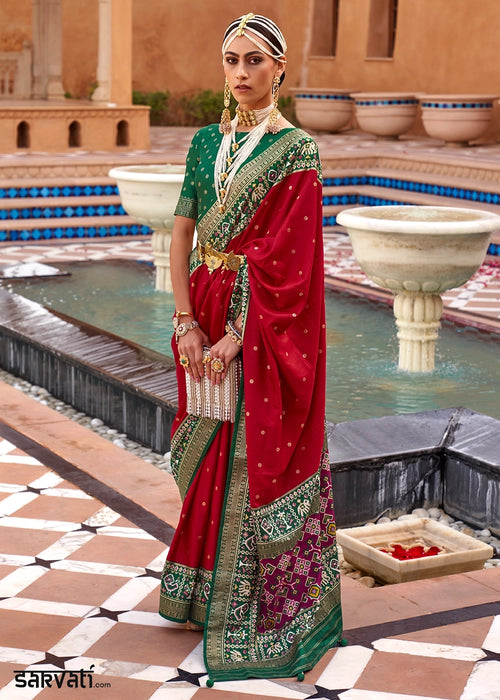 Scarlet Red Silk Saree with Patola Print