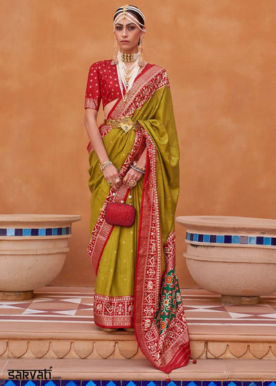 Avocado Green Silk Saree with Patola Print