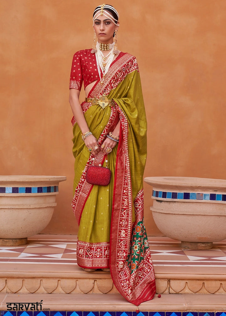 Avocado Green Silk Saree with Patola Print