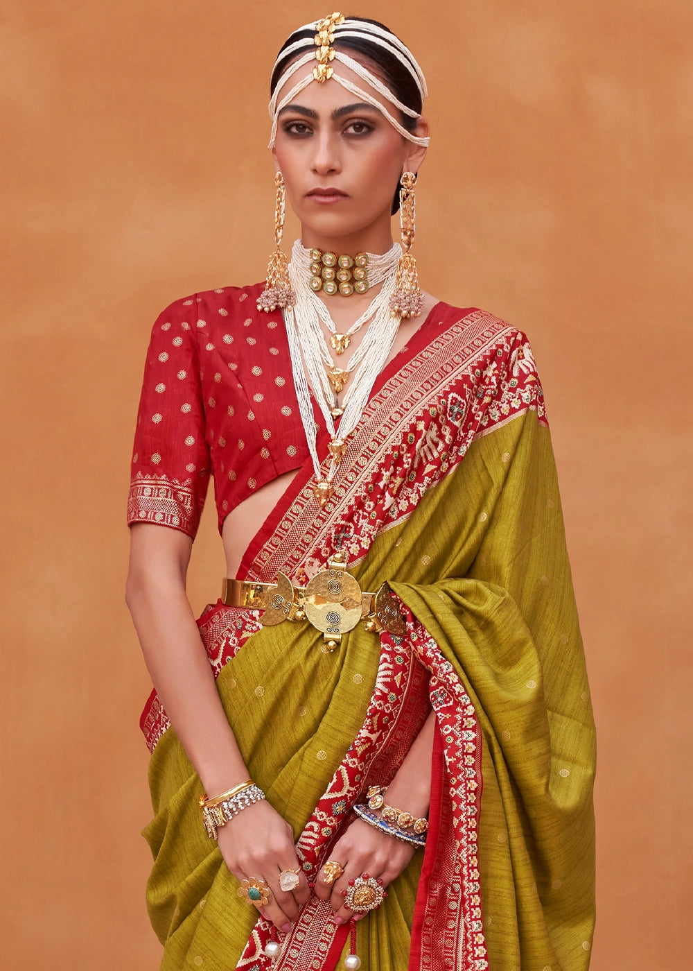 Avocado Green Silk Saree with Patola Print