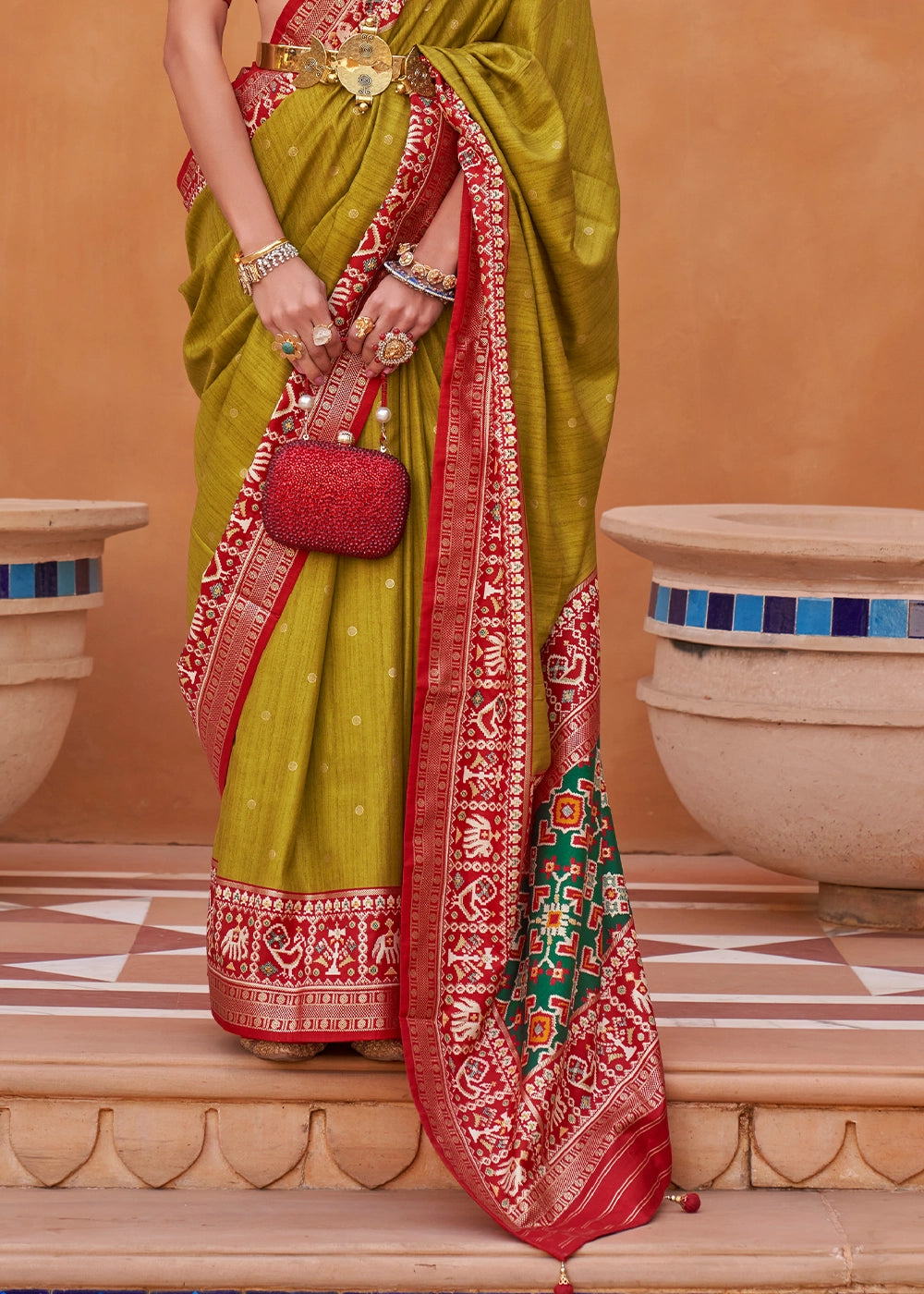 Avocado Green Silk Saree with Patola Print