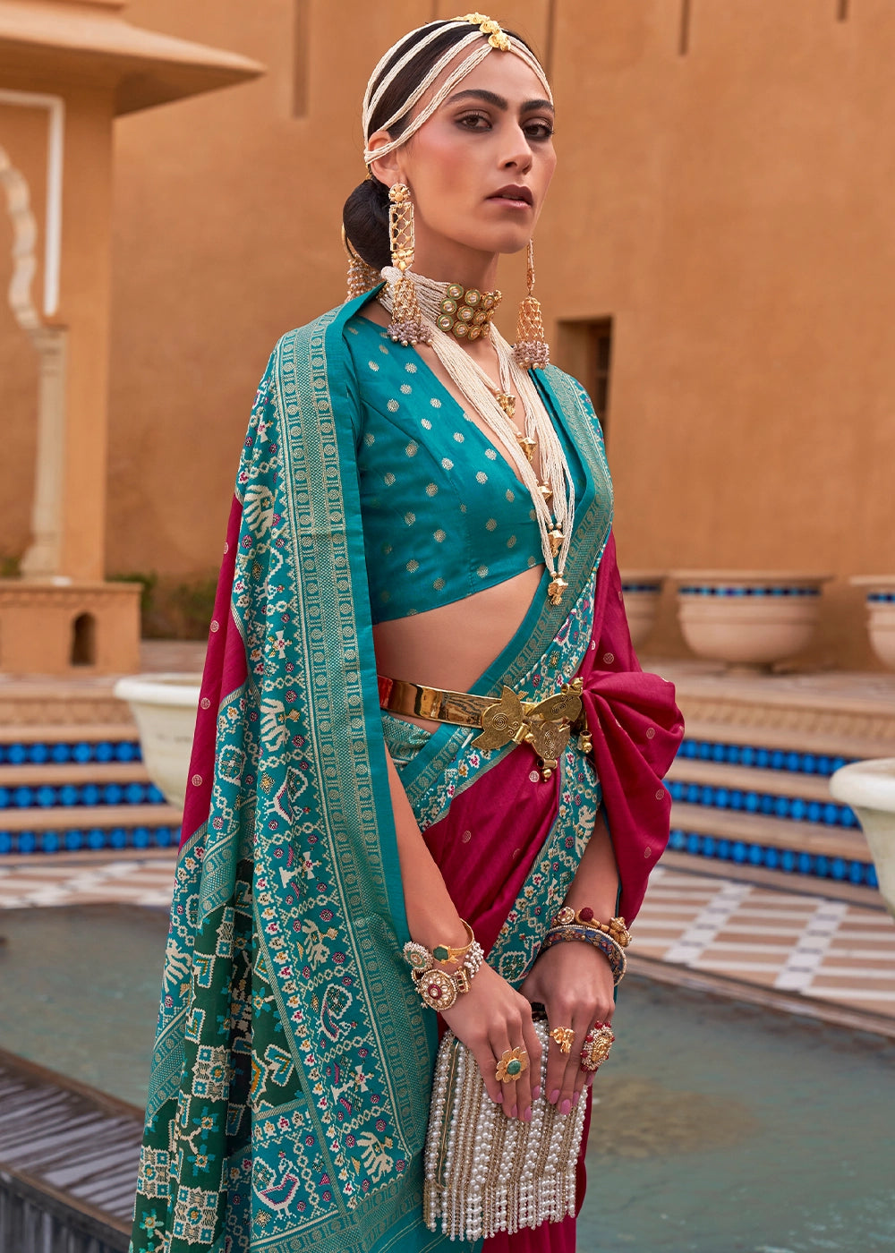 Ruby Pink Silk Saree with Patola Print