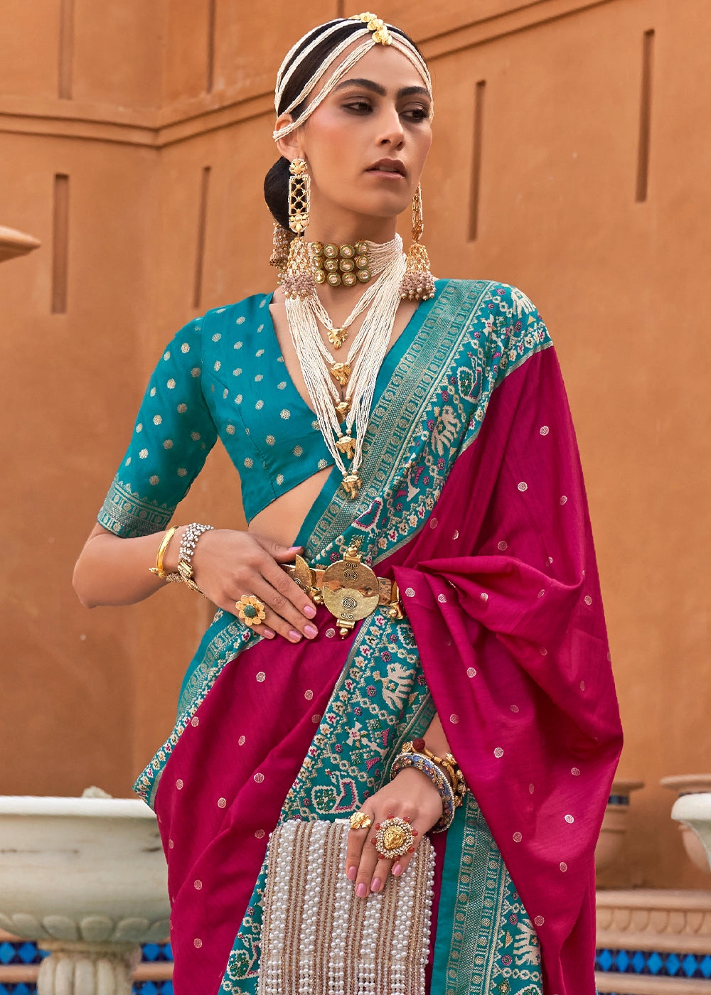 Ruby Pink Silk Saree with Patola Print