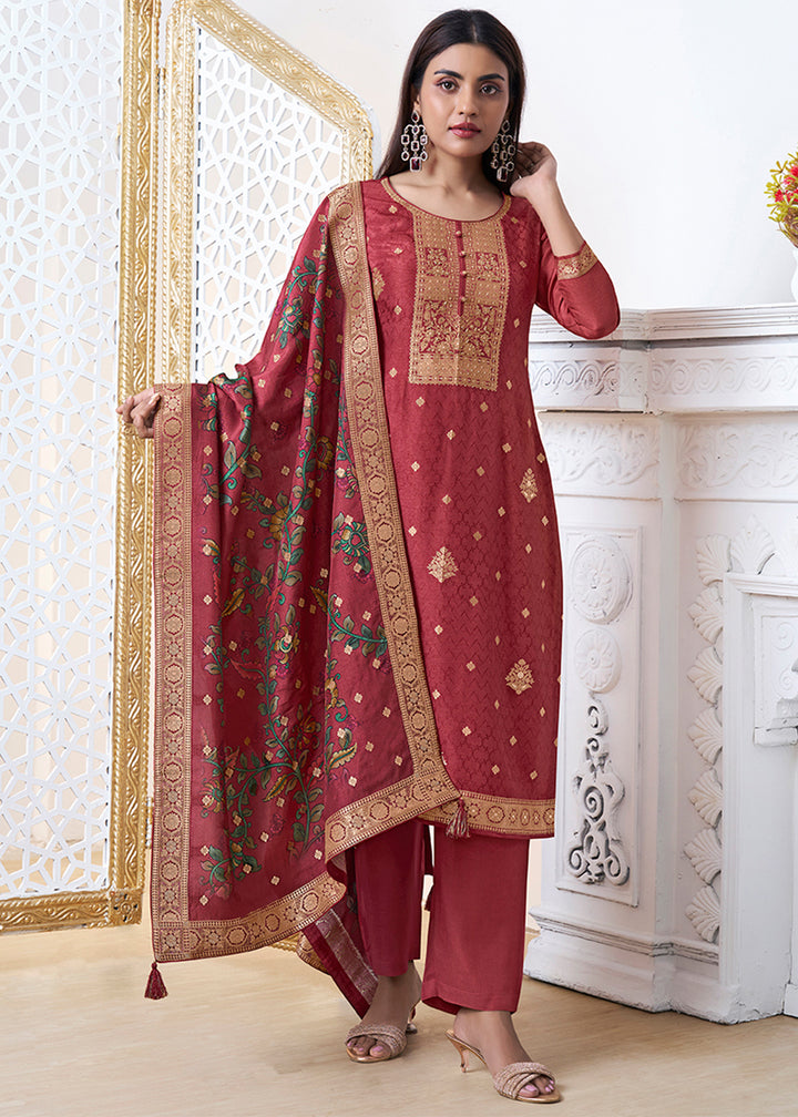 Persian Red Dola Silk with Jacquard Weave Kurta Suit Set