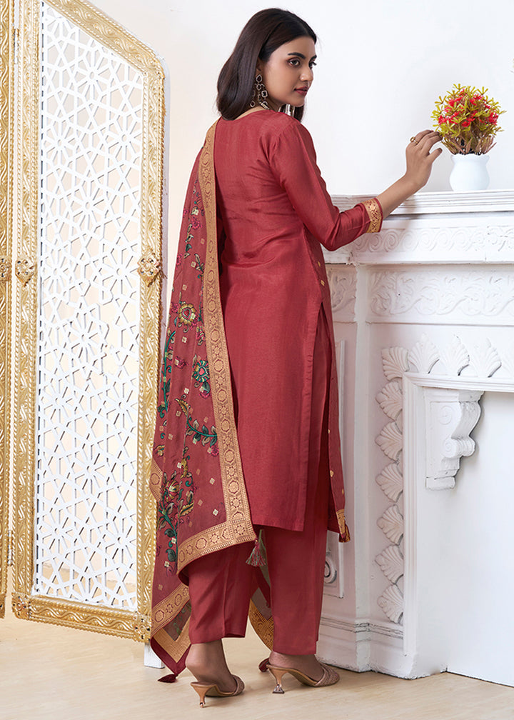 Persian Red Dola Silk with Jacquard Weave Kurta Suit Set