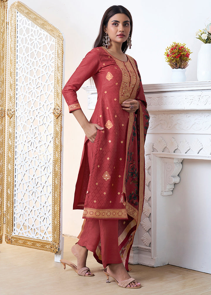 Persian Red Dola Silk with Jacquard Weave Kurta Suit Set