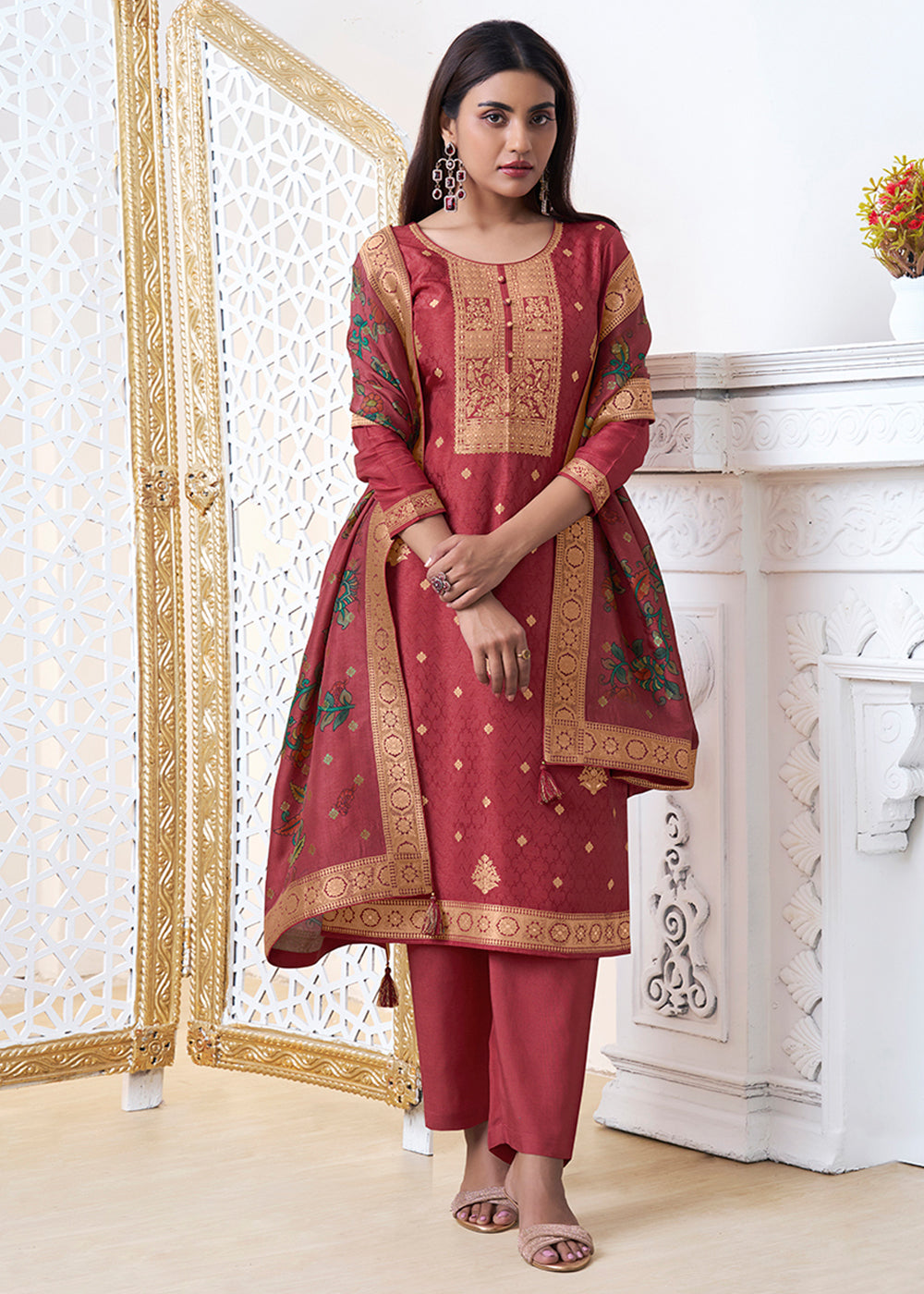 Persian Red Dola Silk with Jacquard Weave Kurta Suit Set