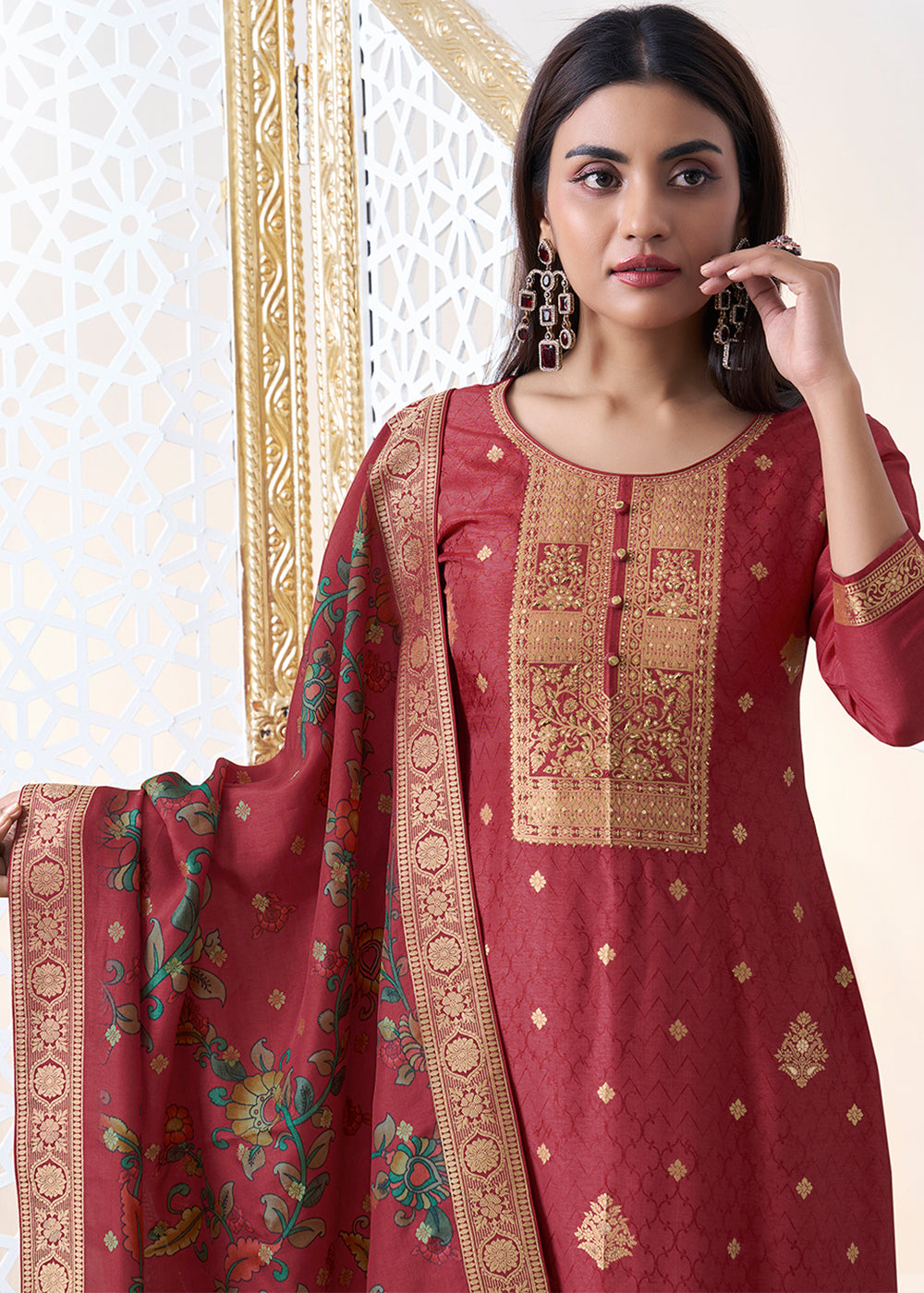 Persian Red Dola Silk with Jacquard Weave Kurta Suit Set