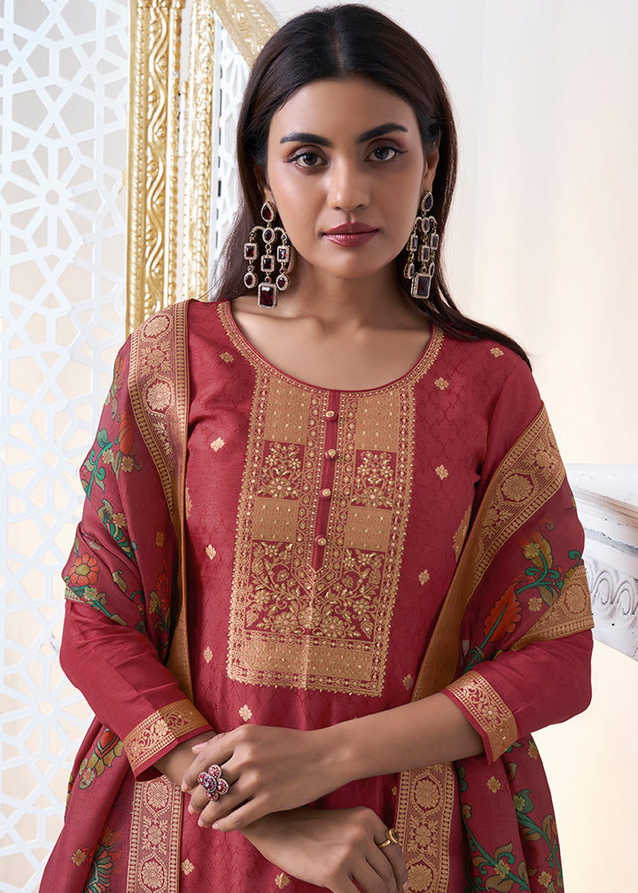 Persian Red Dola Silk with Jacquard Weave Kurta Suit Set