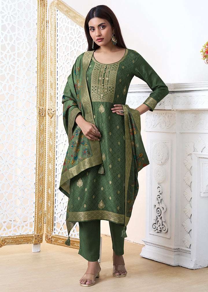 Pickle Green Dola Silk with Jacquard Weave Kurta Suit Set