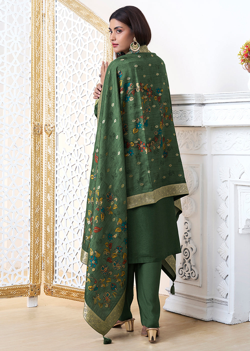 Pickle Green Dola Silk with Jacquard Weave Kurta Suit Set