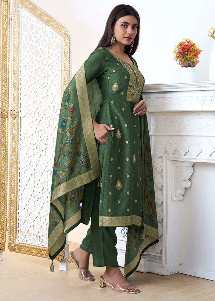 Pickle Green Dola Silk with Jacquard Weave Kurta Suit Set