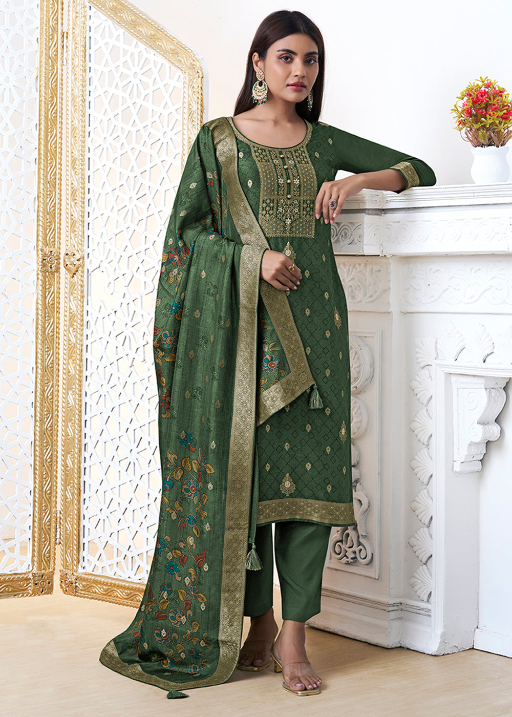 Pickle Green Dola Silk with Jacquard Weave Kurta Suit Set