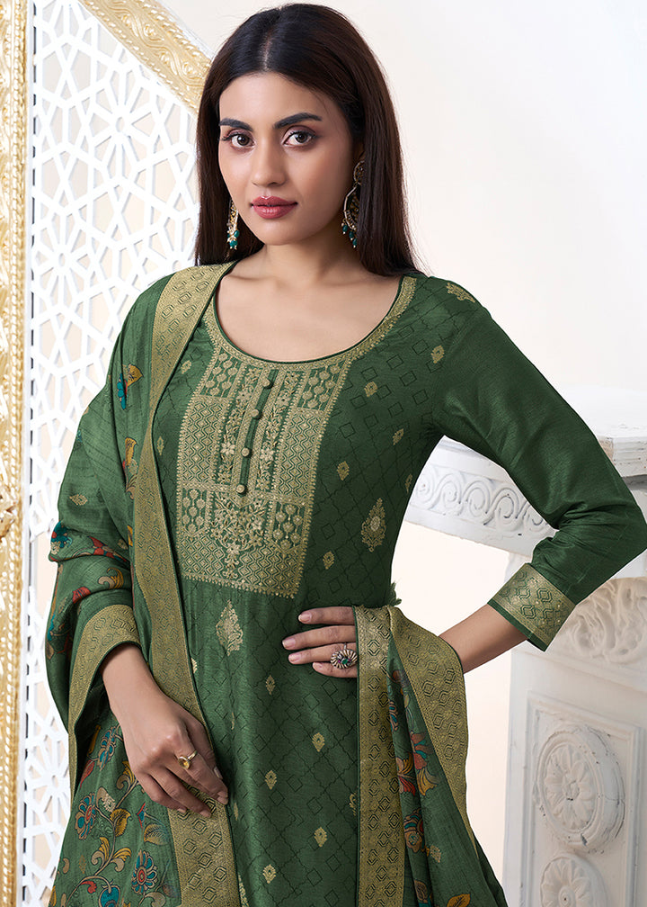 Pickle Green Dola Silk with Jacquard Weave Kurta Suit Set