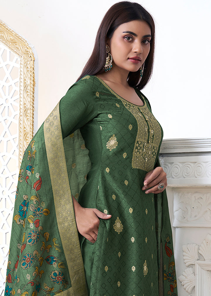 Pickle Green Dola Silk with Jacquard Weave Kurta Suit Set