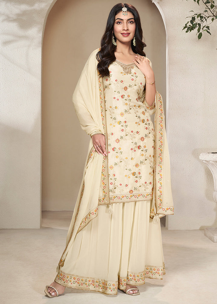 Cream White Dola Silk Sharara Suit with Floral Meena Jacquard work