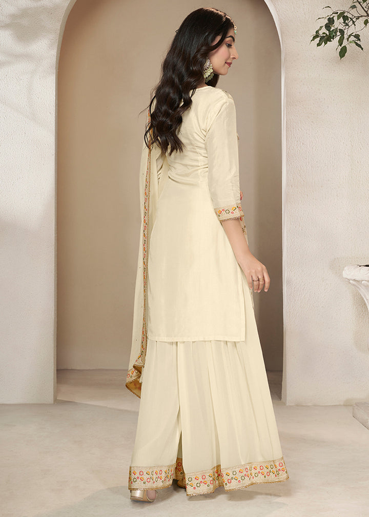 Cream White Dola Silk Sharara Suit with Floral Meena Jacquard work