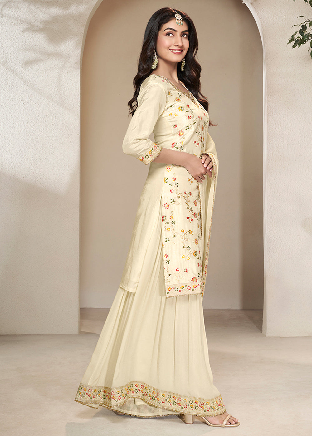 Cream White Dola Silk Sharara Suit with Floral Meena Jacquard work