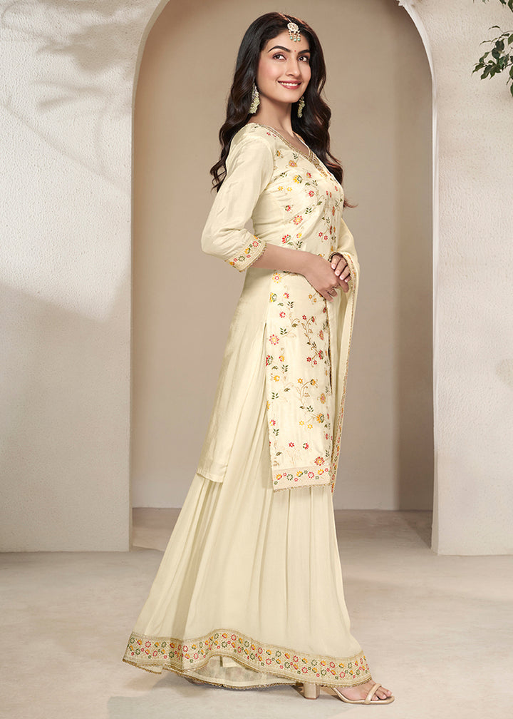 Cream White Dola Silk Sharara Suit with Floral Meena Jacquard work