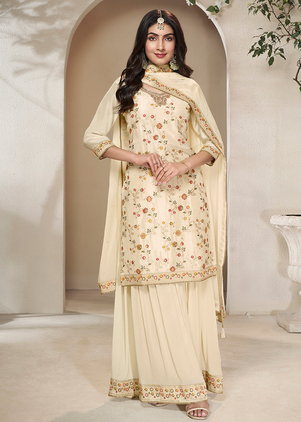 Cream White Dola Silk Sharara Suit with Floral Meena Jacquard work