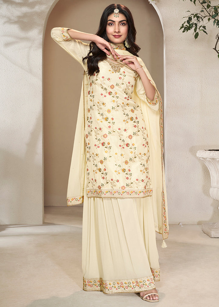 Cream White Dola Silk Sharara Suit with Floral Meena Jacquard work