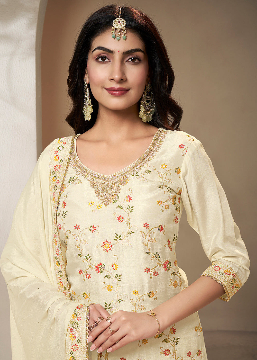 Cream White Dola Silk Sharara Suit with Floral Meena Jacquard work