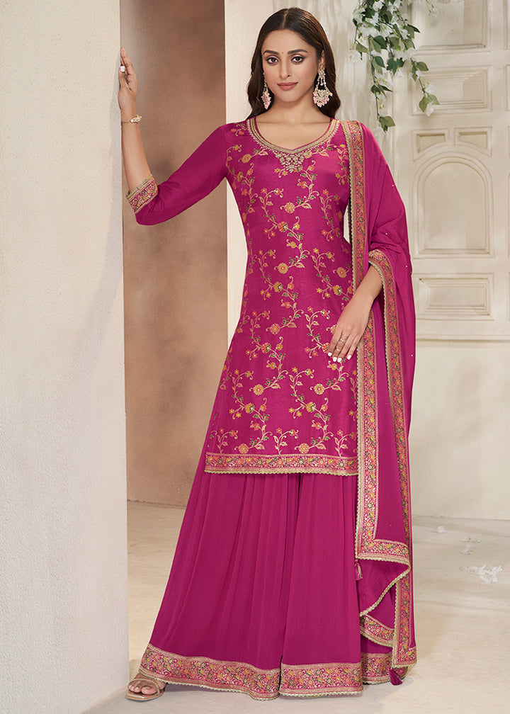 Magenta Pink Dola Silk Sharara Suit with Floral Meena Jacquard work