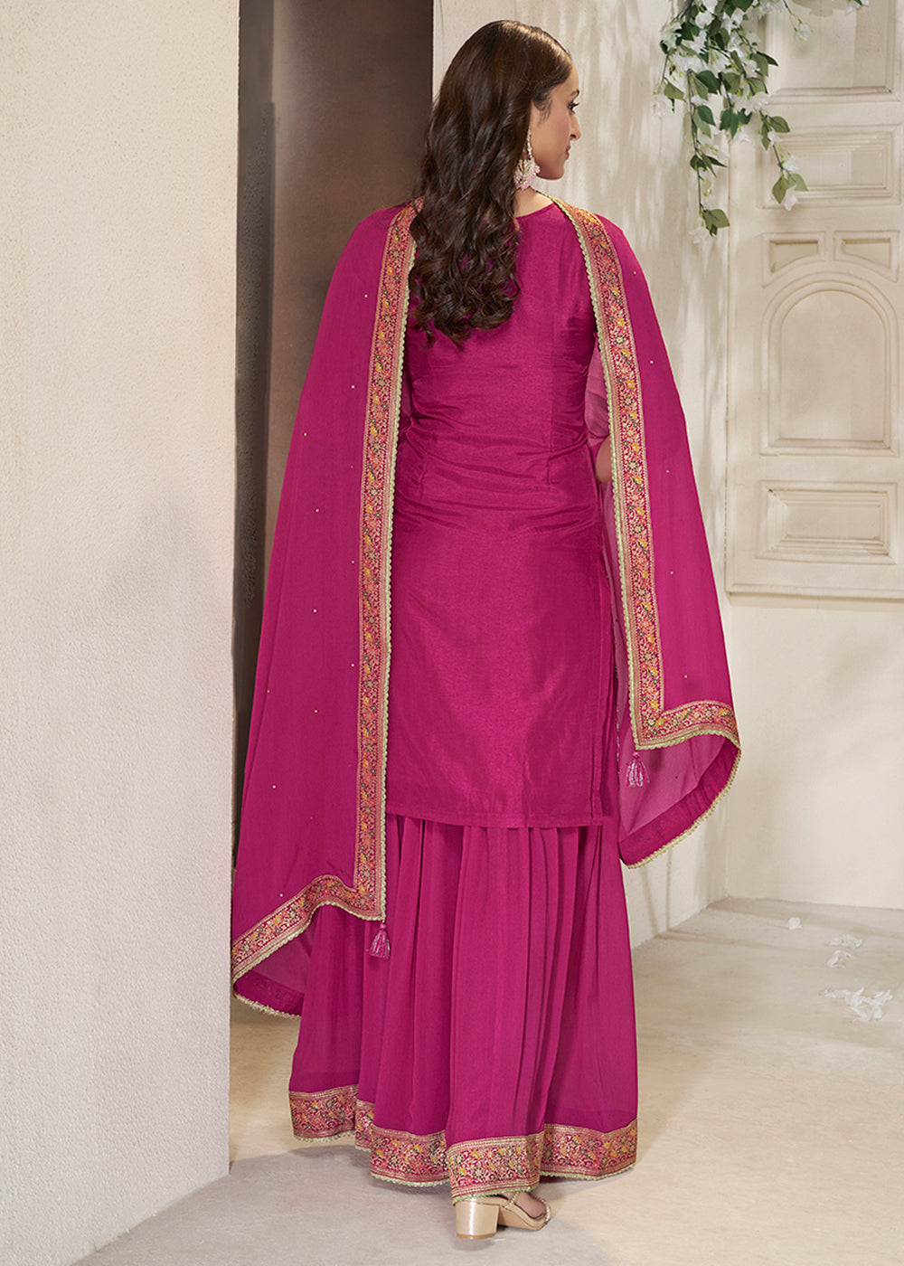 Magenta Pink Dola Silk Sharara Suit with Floral Meena Jacquard work