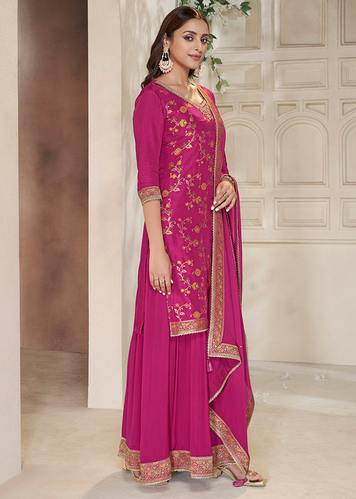 Magenta Pink Dola Silk Sharara Suit with Floral Meena Jacquard work