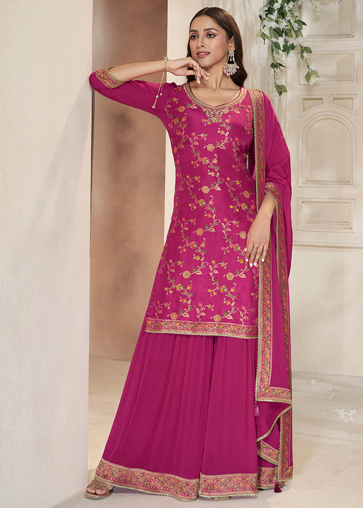 Magenta Pink Dola Silk Sharara Suit with Floral Meena Jacquard work