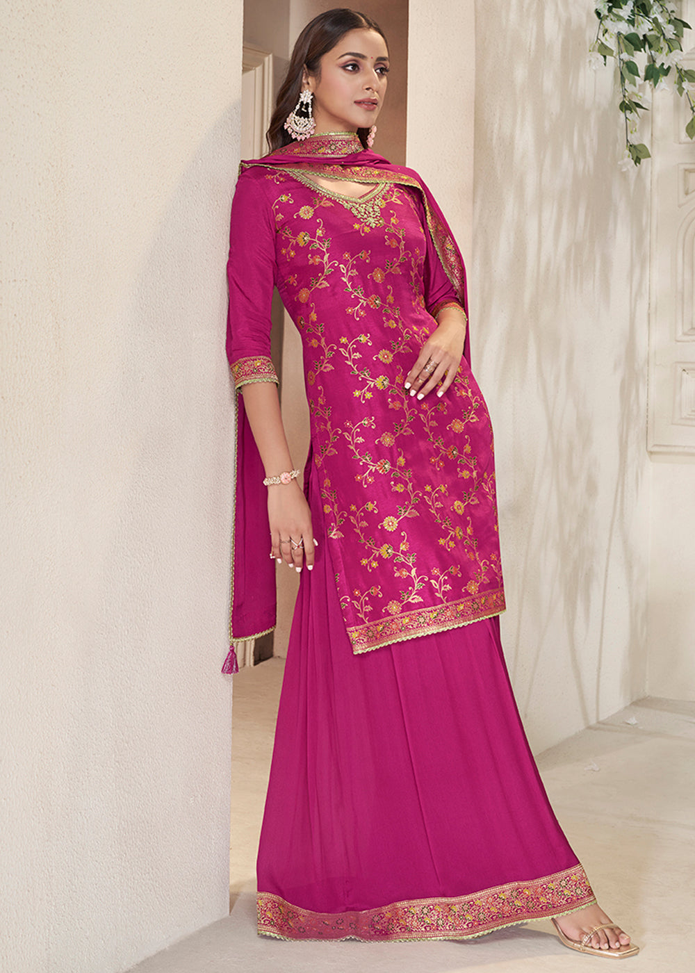 Magenta Pink Dola Silk Sharara Suit with Floral Meena Jacquard work