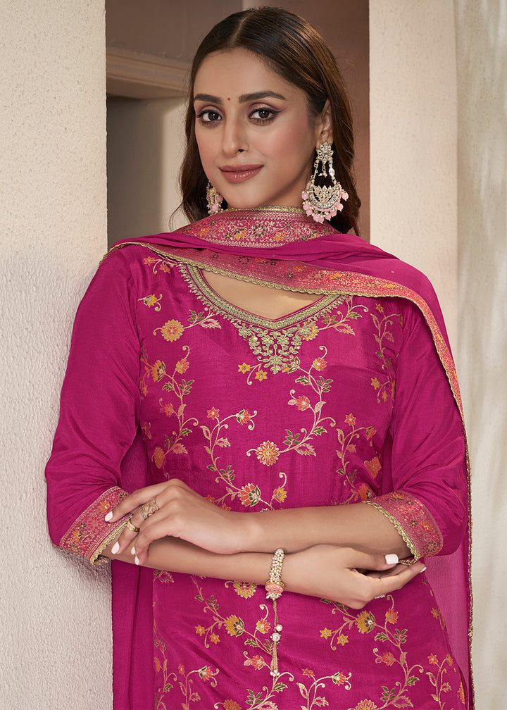 Magenta Pink Dola Silk Sharara Suit with Floral Meena Jacquard work