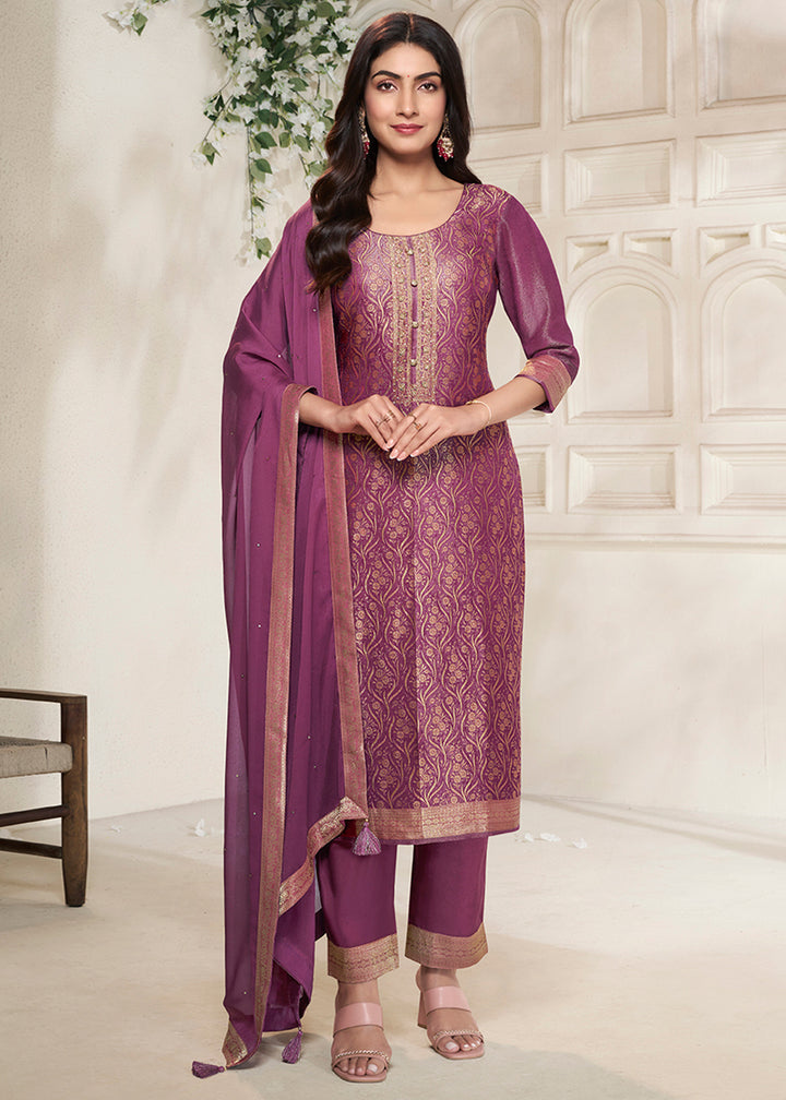 Lollipop Purple Floral Jacquard Tissue Kurta Set with Sequins Embellishments