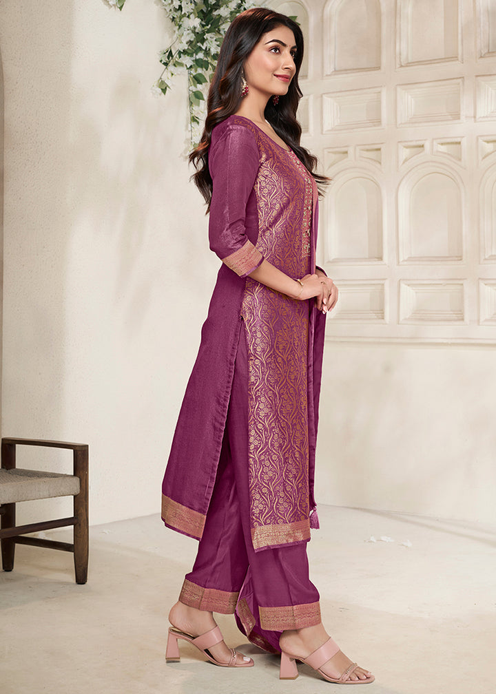 Lollipop Purple Floral Jacquard Tissue Kurta Set with Sequins Embellishments