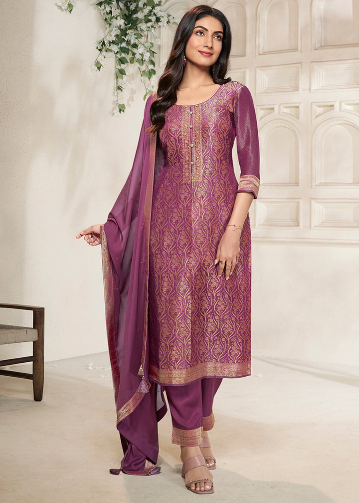 Lollipop Purple Floral Jacquard Tissue Kurta Set with Sequins Embellishments