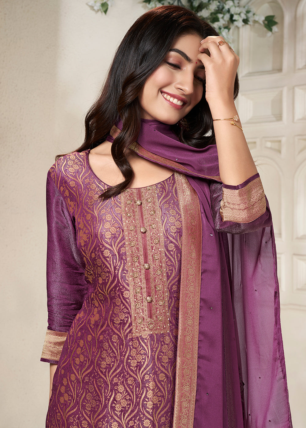 Lollipop Purple Floral Jacquard Tissue Kurta Set with Sequins Embellishments