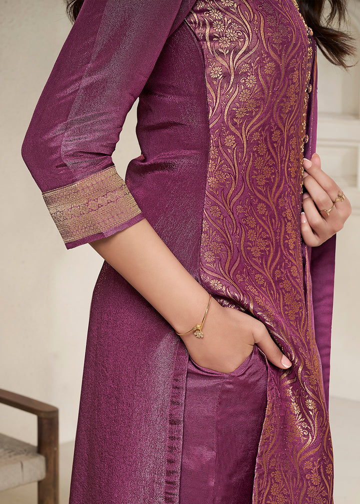 Lollipop Purple Floral Jacquard Tissue Kurta Set with Sequins Embellishments