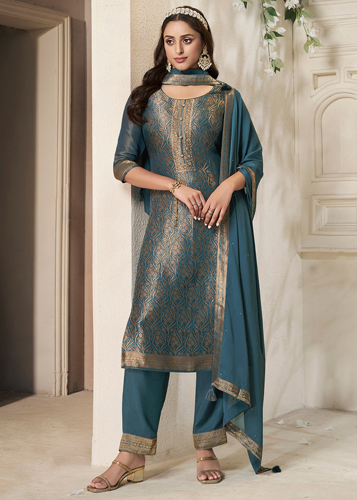 Celadon Blue Floral Jacquard Tissue Kurta Set with Sequins Embellishments