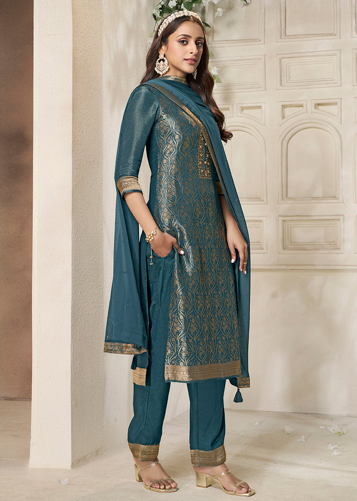 Celadon Blue Floral Jacquard Tissue Kurta Set with Sequins Embellishments